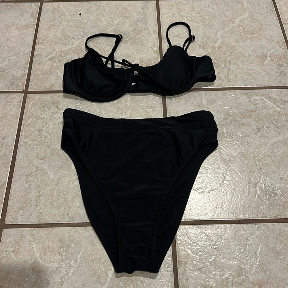 Exhilaration Black Shirred Underwire & Extra High Waisted High Leg Bikini Set